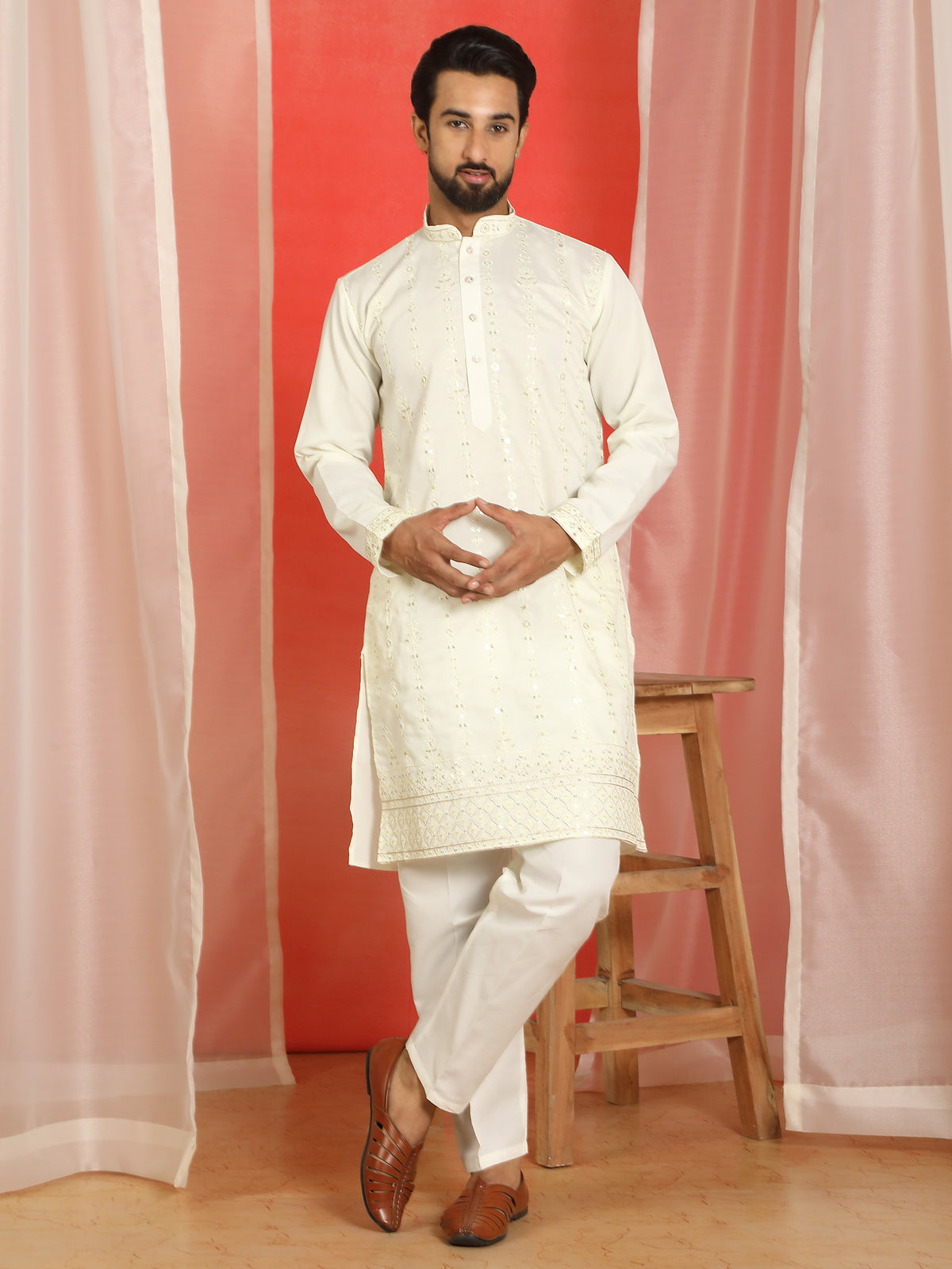 Men Cotton Silk Floral Thread Work Sequined Festive Kurta - Cream