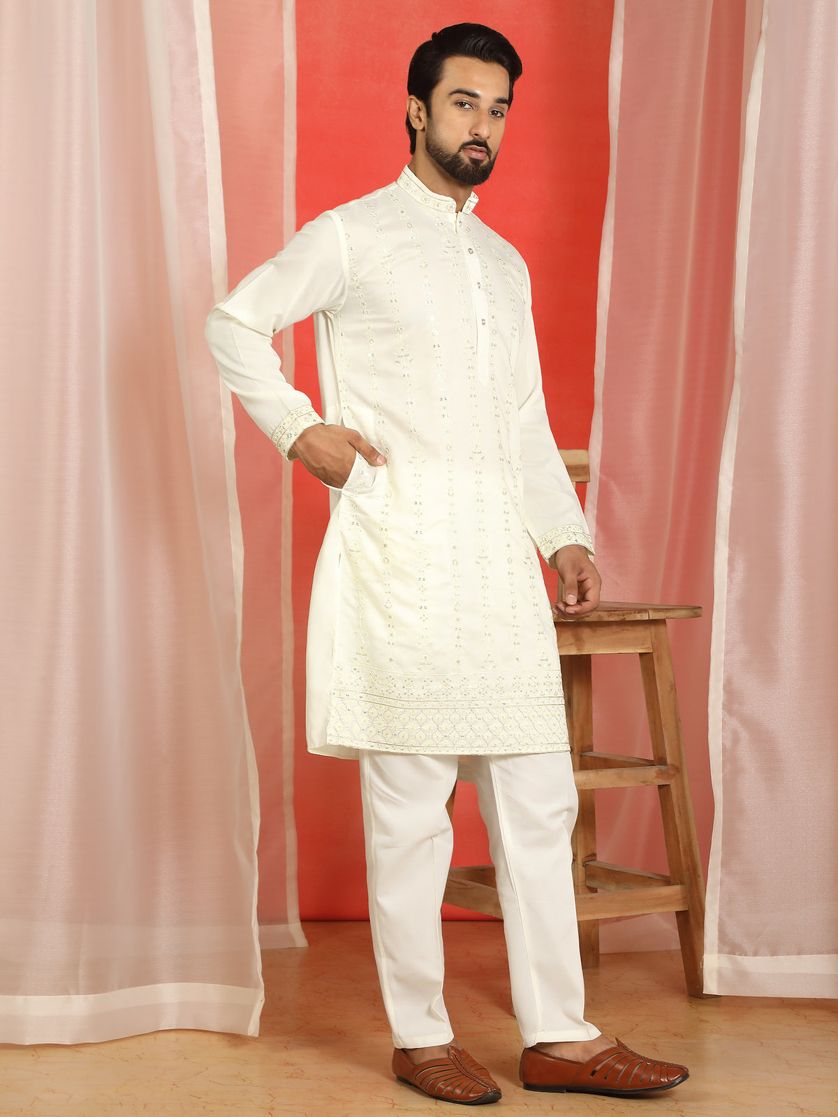 Men Cotton Silk Floral Thread Work Sequined Festive Kurta - Cream