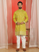 Men Cotton Silk Sequinned Floral Daman Embroidered Straight Kurta with Trouser Set - Olive Green