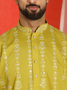 Men Cotton Silk Sequinned Floral Daman Embroidered Straight Kurta with Trouser Set - Olive Green