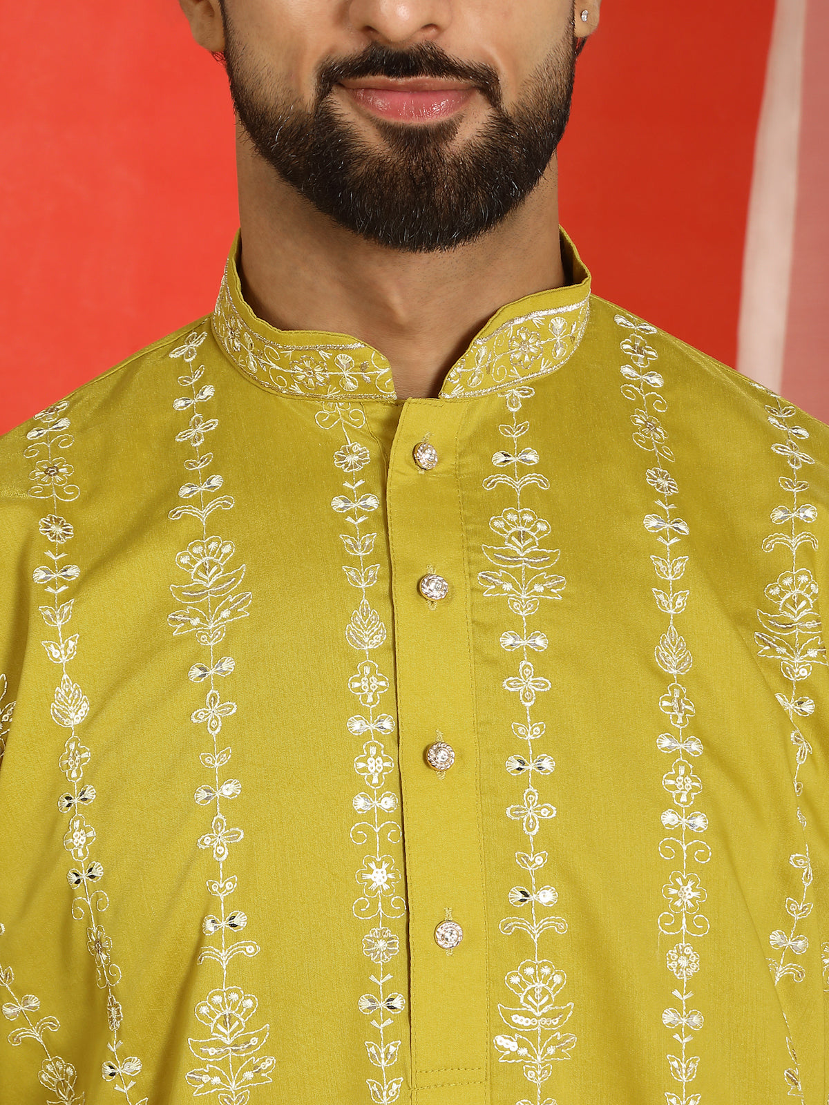 Men Cotton Silk Sequinned Floral Daman Embroidered Straight Kurta with Trouser Set - Olive Green