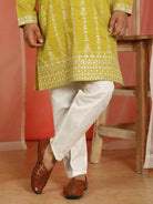 Men Cotton Silk Sequinned Floral Daman Embroidered Straight Kurta with Trouser Set - Olive Green