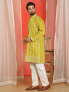 Men Cotton Silk Floral Thread Work Sequined Festive Kurta - Olive Green