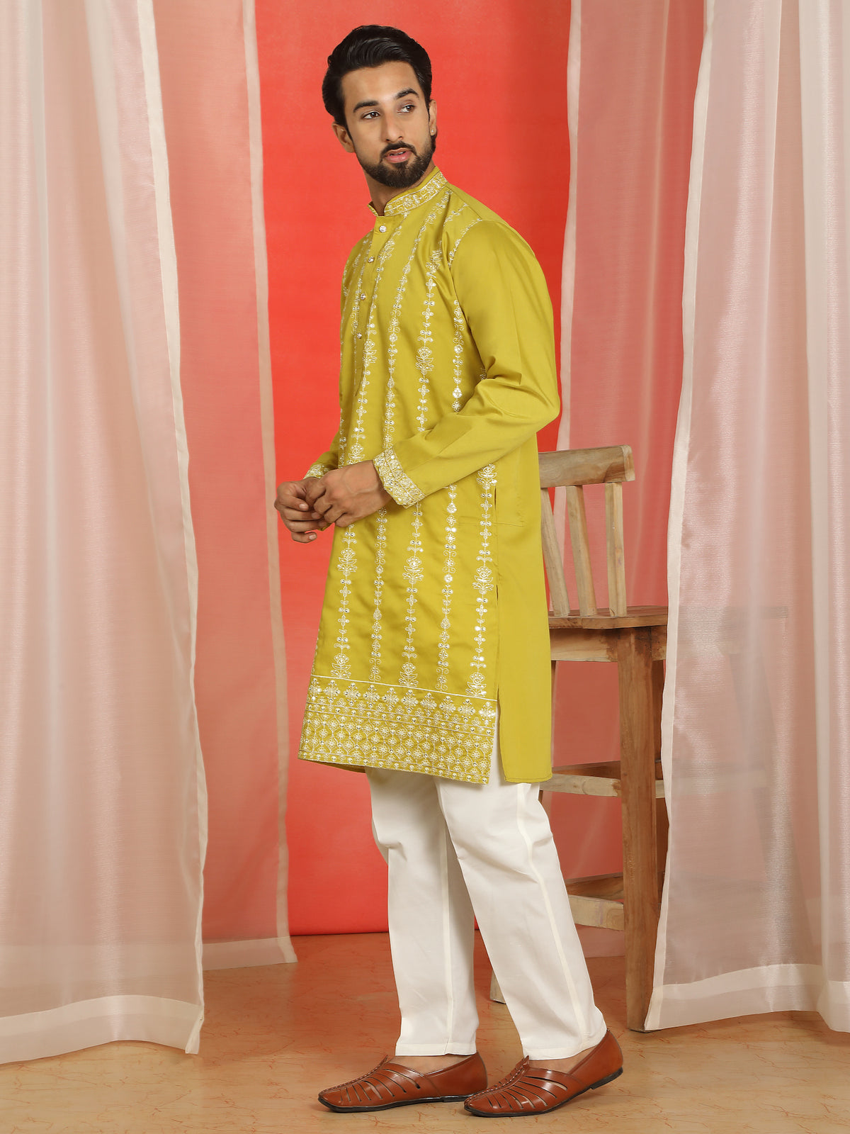 Men Cotton Silk Floral Thread Work Sequined Festive Kurta - Olive Green