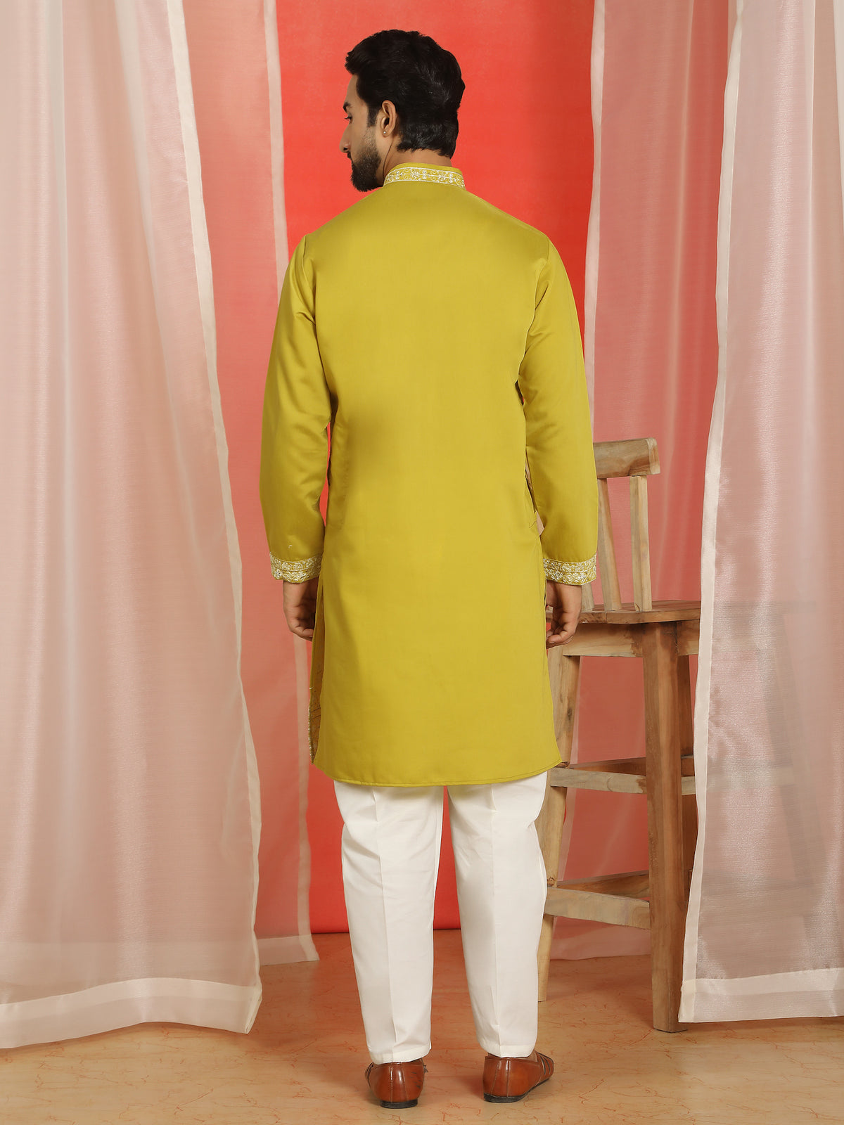 Men Cotton Silk Floral Thread Work Sequined Festive Kurta - Olive Green
