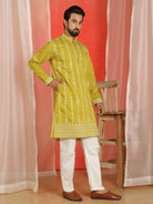 Men Cotton Silk Floral Thread Work Sequined Festive Kurta - Olive Green