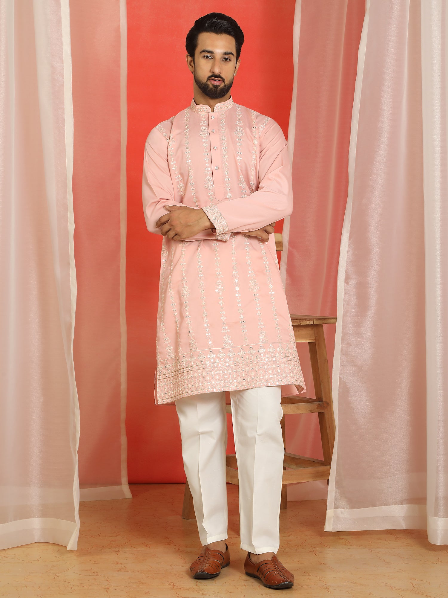 Men Cotton Silk Sequinned Floral Daman Embroidered Straight Kurta with Trouser Set - Pink