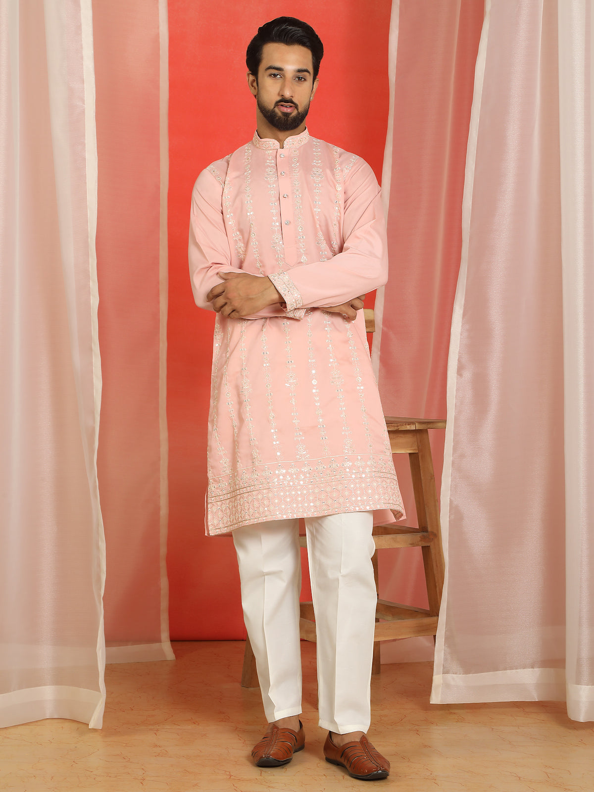 Men Cotton Silk Sequinned Floral Daman Embroidered Straight Kurta with Trouser Set - Pink