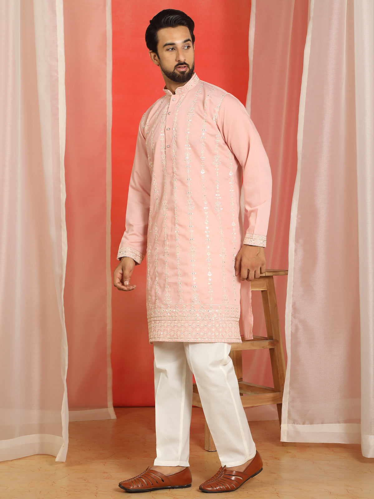 Men Cotton Silk Sequinned Floral Daman Embroidered Straight Kurta with Trouser Set - Pink