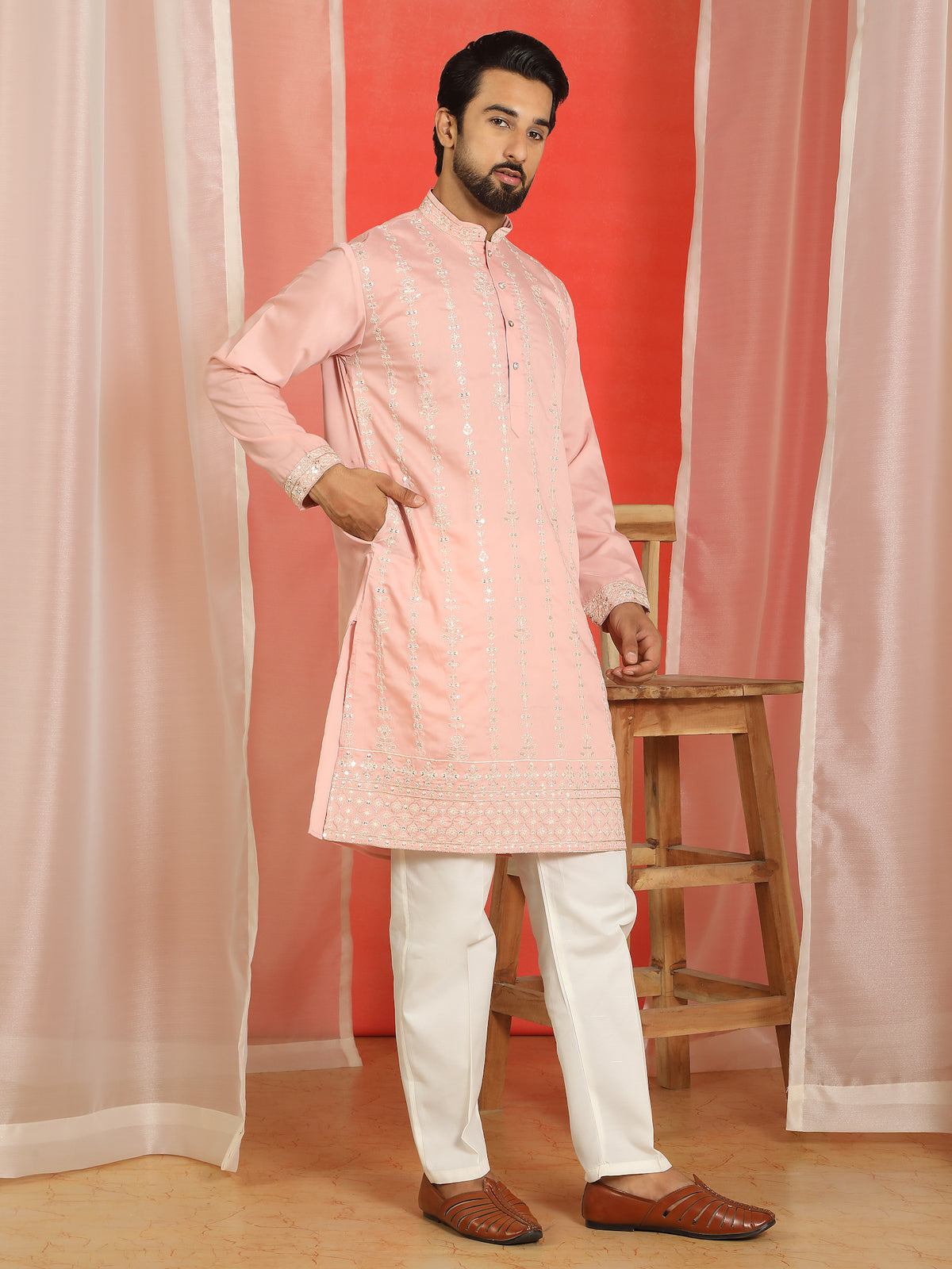 Men Cotton Silk Sequinned Floral Daman Embroidered Straight Kurta with Trouser Set - Pink