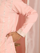 Men Cotton Silk Sequinned Floral Daman Embroidered Straight Kurta with Trouser Set - Pink