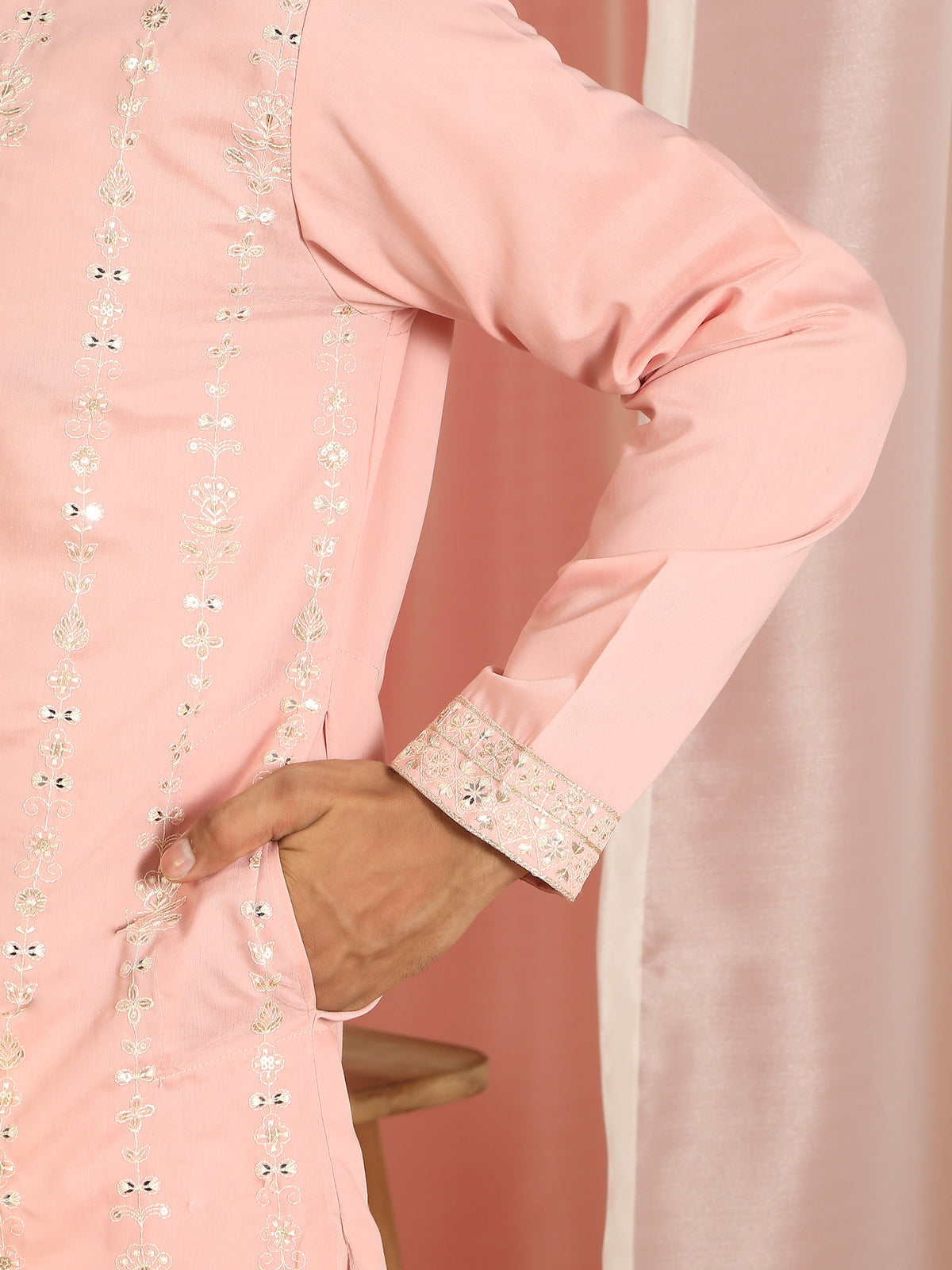 Men Cotton Silk Sequinned Floral Daman Embroidered Straight Kurta with Trouser Set - Pink