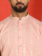 Men Cotton Silk Sequinned Floral Daman Embroidered Straight Kurta with Trouser Set - Pink