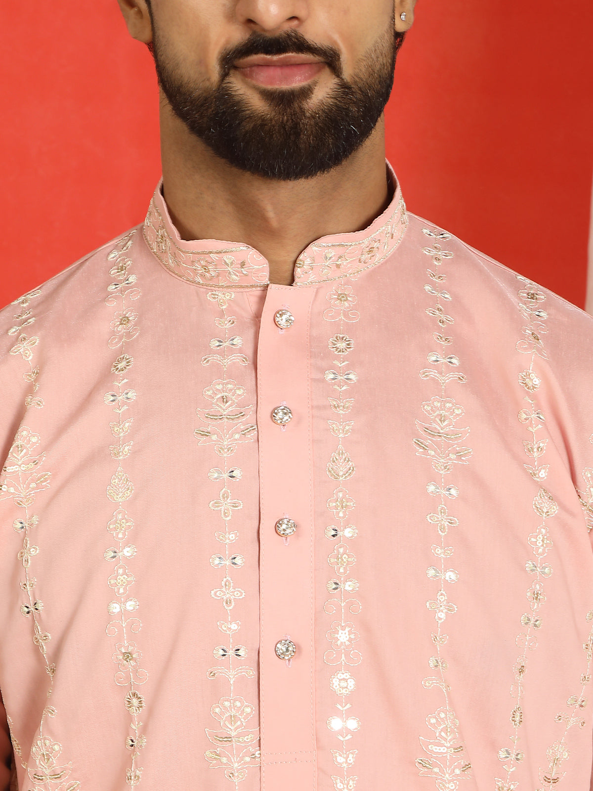 Men Cotton Silk Sequinned Floral Daman Embroidered Straight Kurta with Trouser Set - Pink