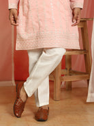 Men Cotton Silk Sequinned Floral Daman Embroidered Straight Kurta with Trouser Set - Pink