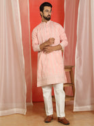 Men Cotton Silk Sequinned Floral Daman Embroidered Straight Kurta with Trouser Set - Pink