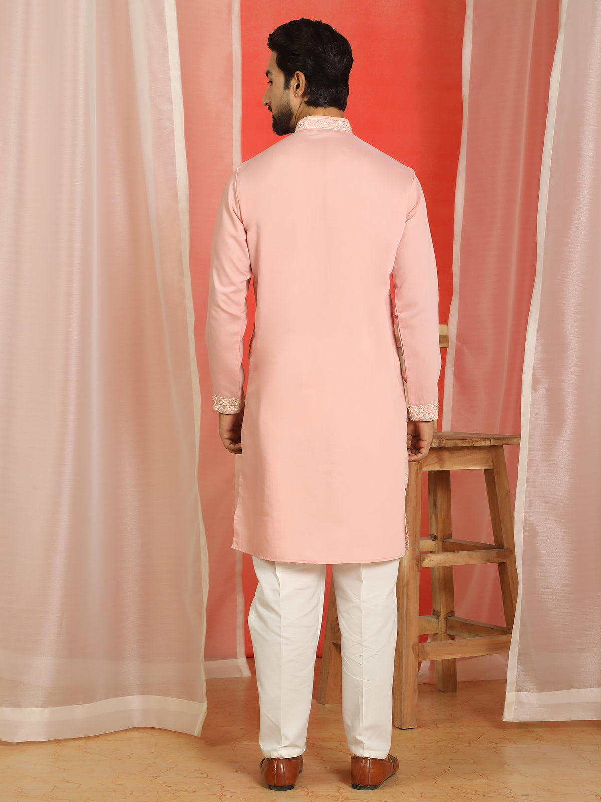 Men Cotton Silk Floral Thread Work Sequined Festive Kurta - Peach