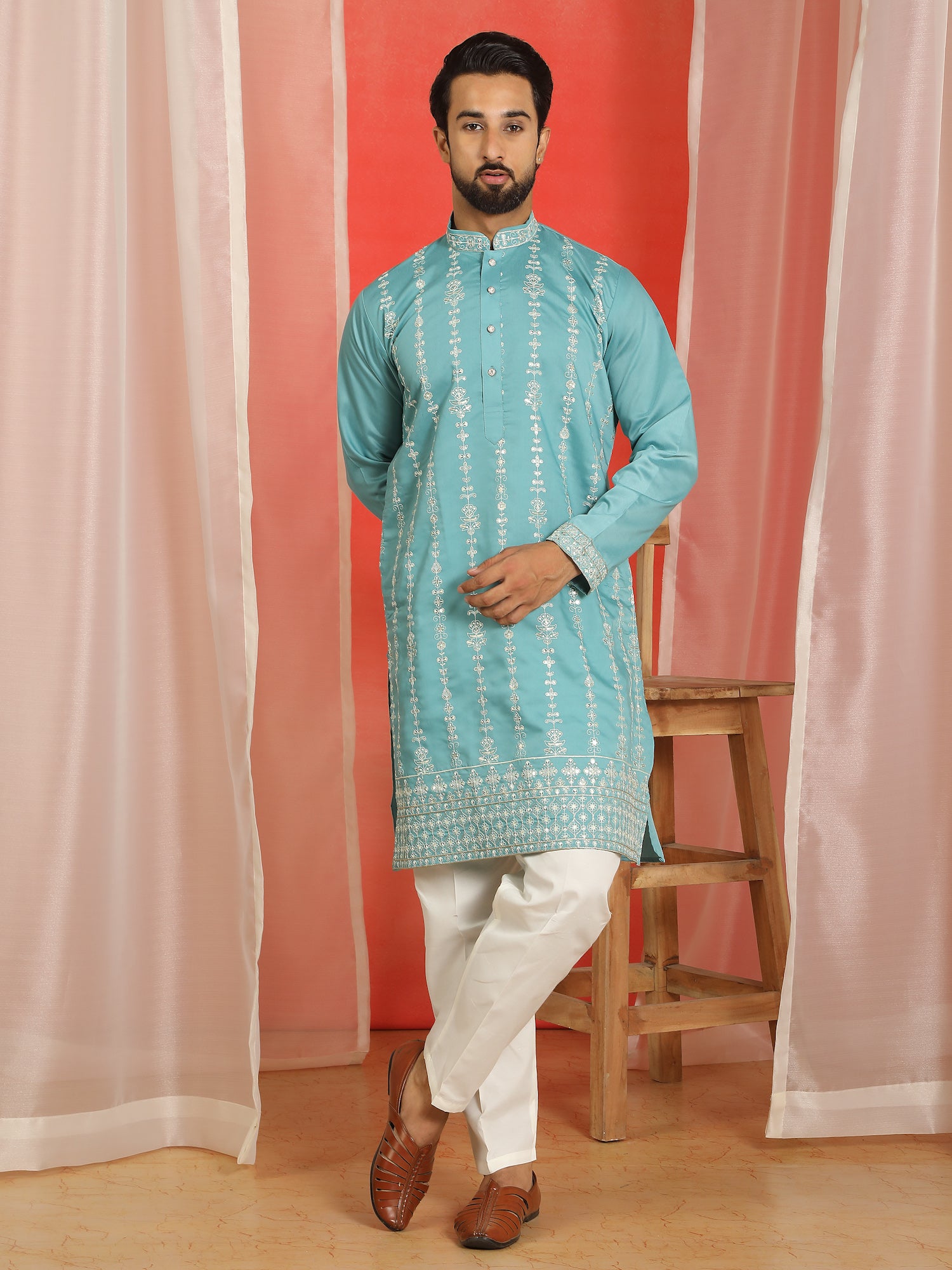 Men Cotton Silk Sequinned Floral Daman Embroidered Straight Kurta with Trouser Set - Turquoise