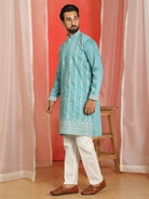 Men Cotton Silk Sequinned Floral Daman Embroidered Straight Kurta with Trouser Set - Turquoise