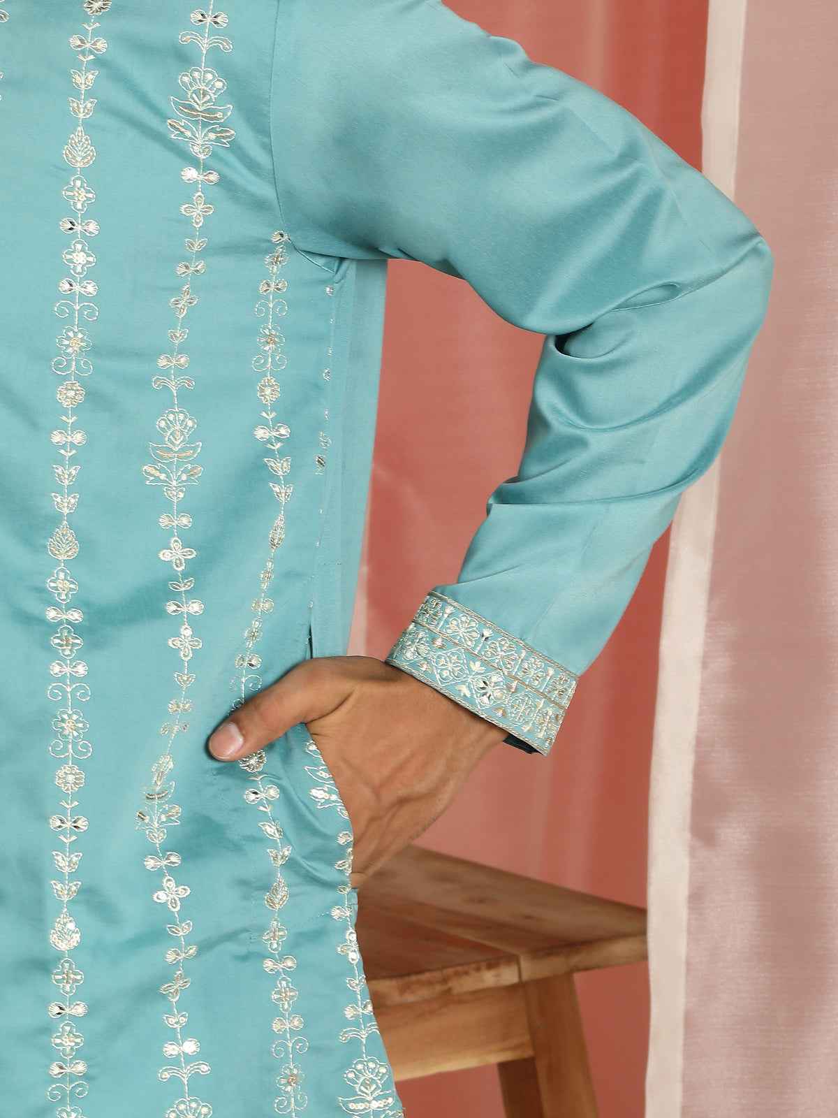 Men Cotton Silk Sequinned Floral Daman Embroidered Straight Kurta with Trouser Set - Turquoise