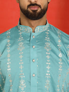Men Cotton Silk Sequinned Floral Daman Embroidered Straight Kurta with Trouser Set - Turquoise