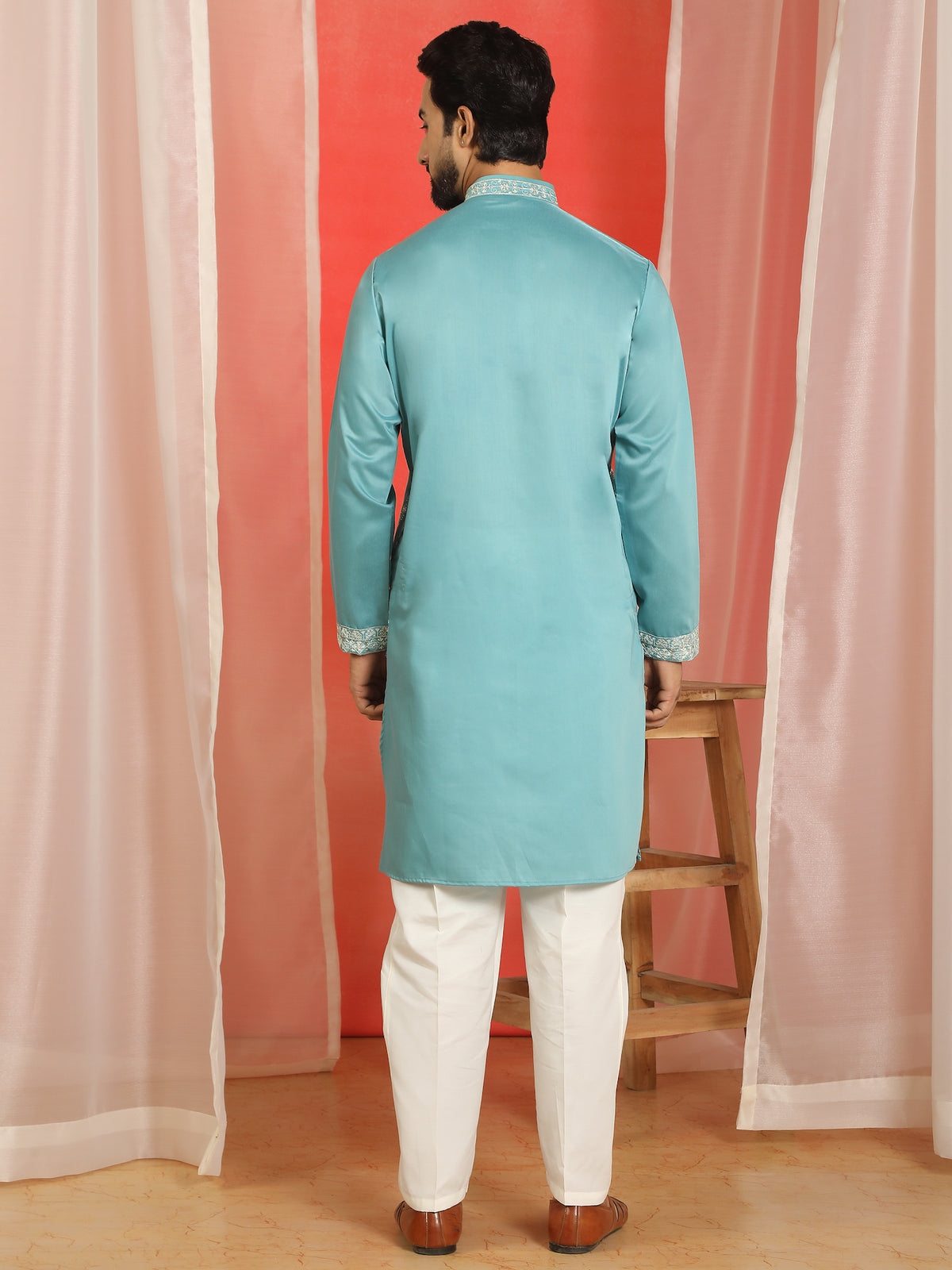 Men Cotton Silk Floral Thread Work Sequined Festive Kurta - Turquoise