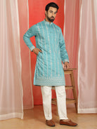Men Cotton Silk Floral Thread Work Sequined Festive Kurta - Turquoise