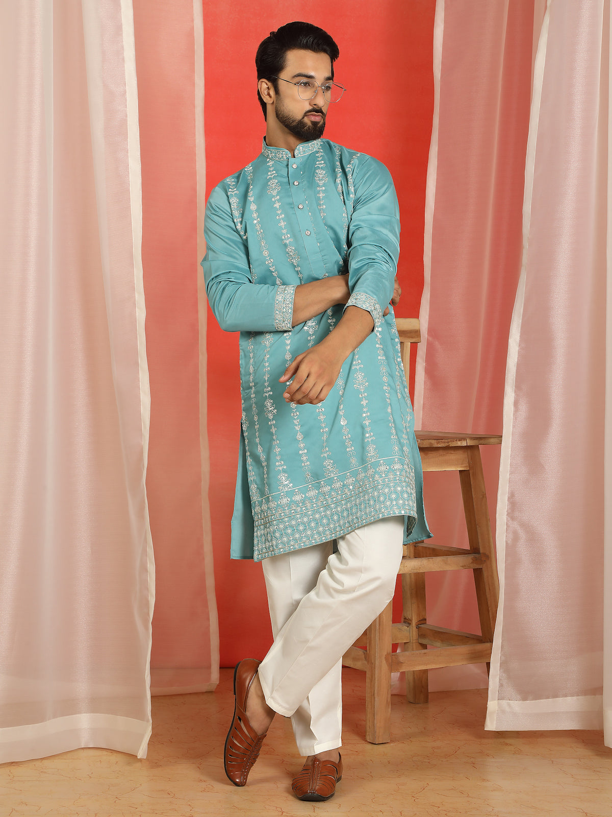 Men Cotton Silk Floral Thread Work Sequined Festive Kurta - Turquoise