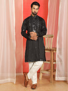 Men's Cotton Silk Mirror Work Embroidered Yoke Design Straight Kurta with Trouser Set - Black