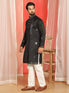 Men's Cotton Silk Mirror Work Embroidered Yoke Design Straight Kurta with Trouser Set - Black