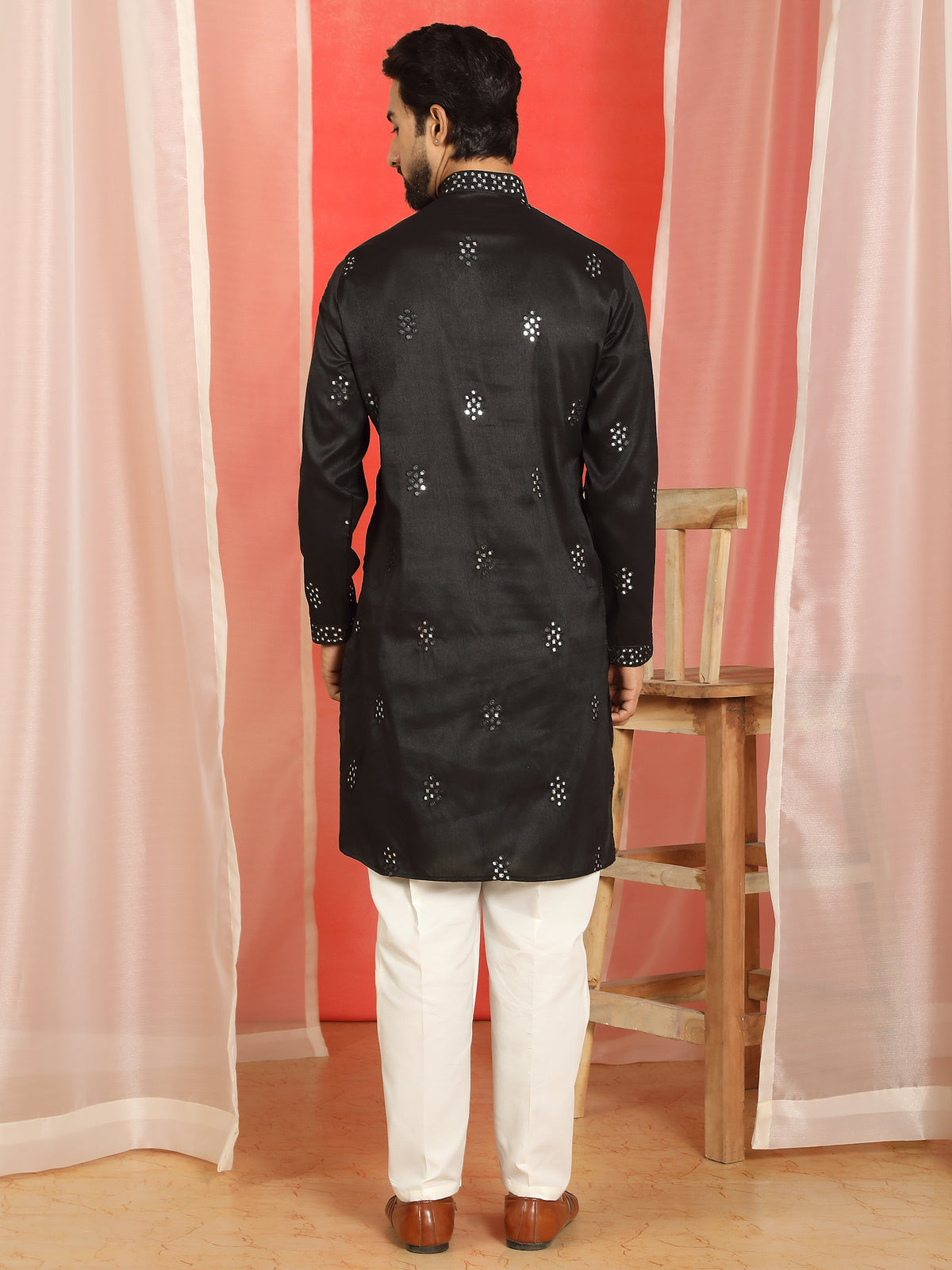 Men's Cotton Silk Mirror Work Embroidered Yoke Design Straight Kurta with Trouser Set - Black