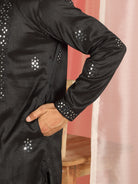 Men's Cotton Silk Mirror Work Embroidered Yoke Design Straight Kurta with Trouser Set - Black
