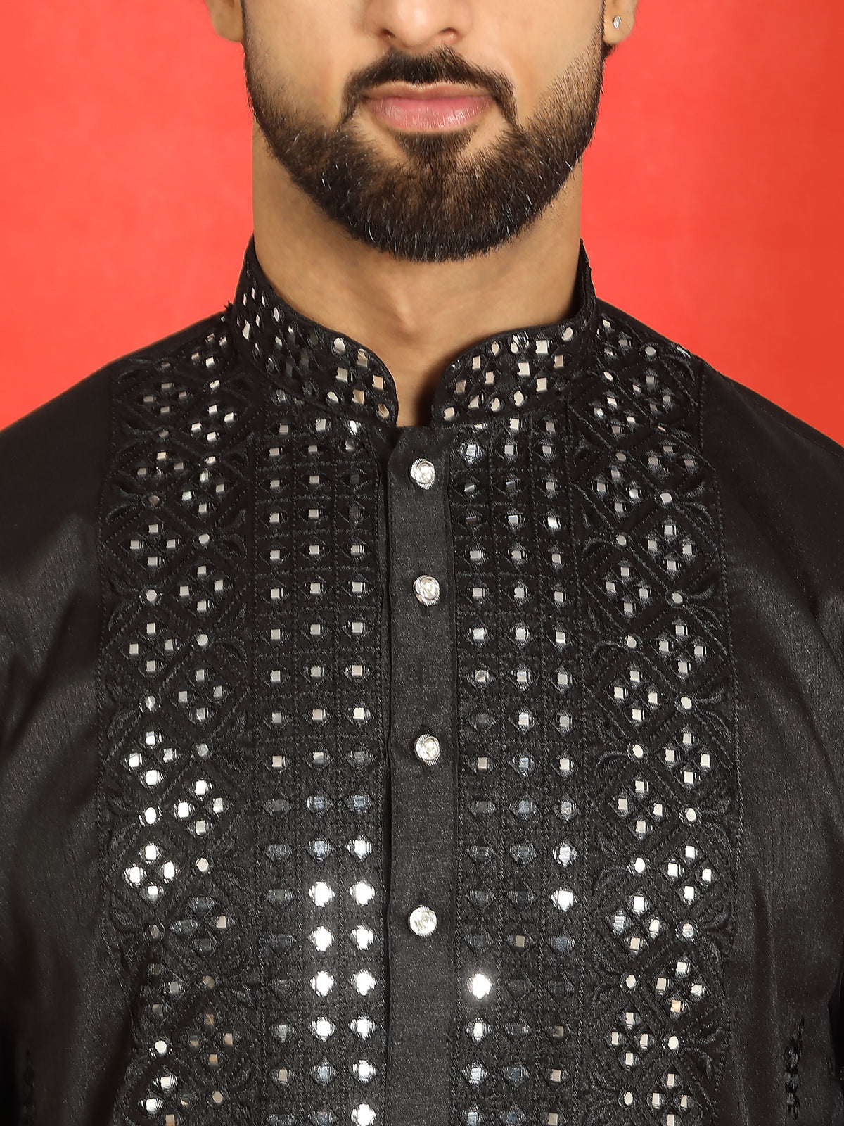 Men's Cotton Silk Mirror Work Embroidered Yoke Design Straight Kurta with Trouser Set - Black