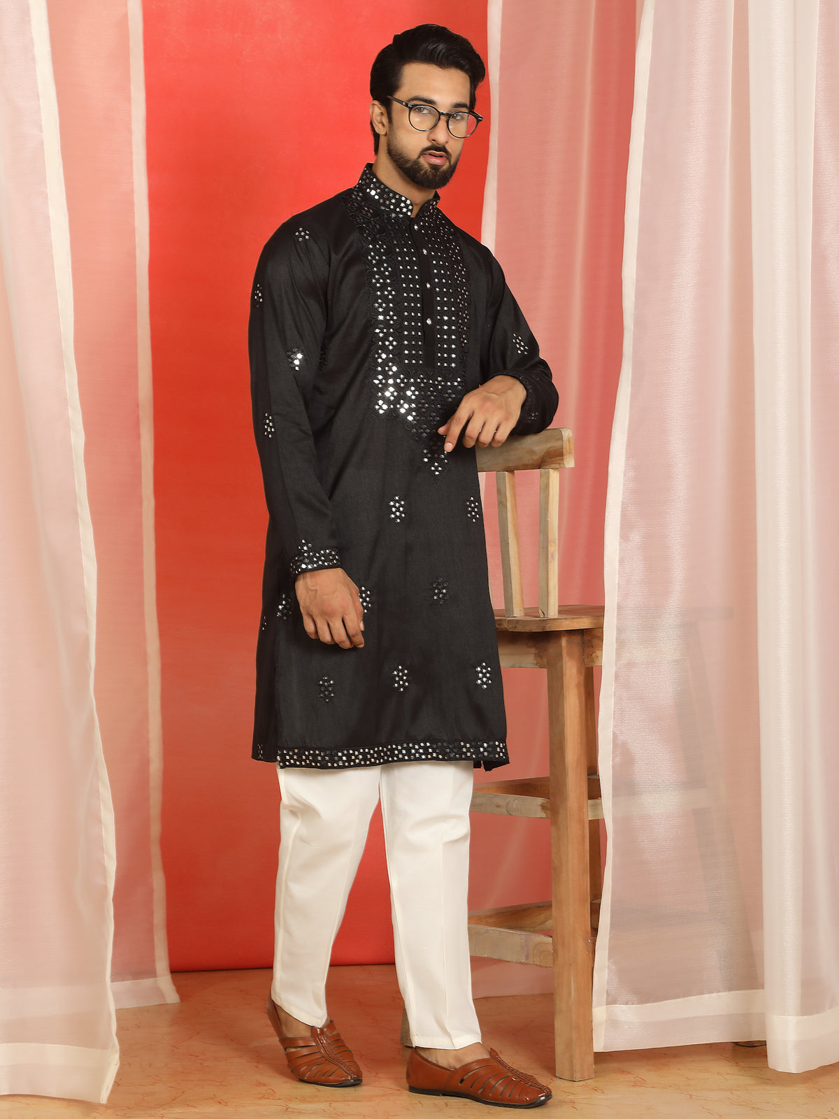 Men's Cotton Silk Mirror Work Embroidered Yoke Design Straight Kurta with Trouser Set - Black