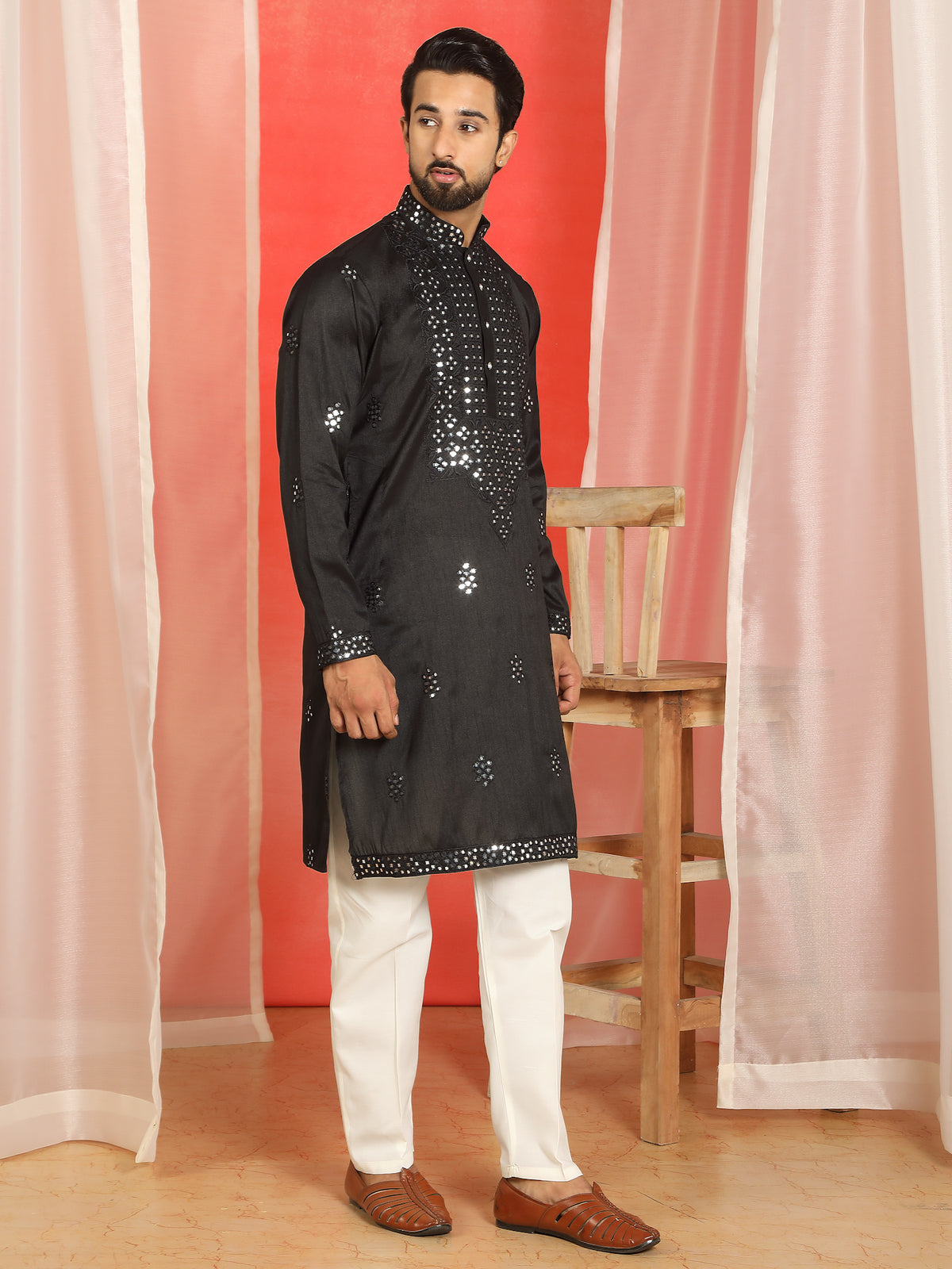 Men Cotton Silk Mirror Work Embroidered Yoke Design Kurta - Black