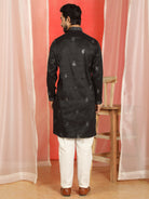 Men Cotton Silk Mirror Work Embroidered Yoke Design Kurta - Black