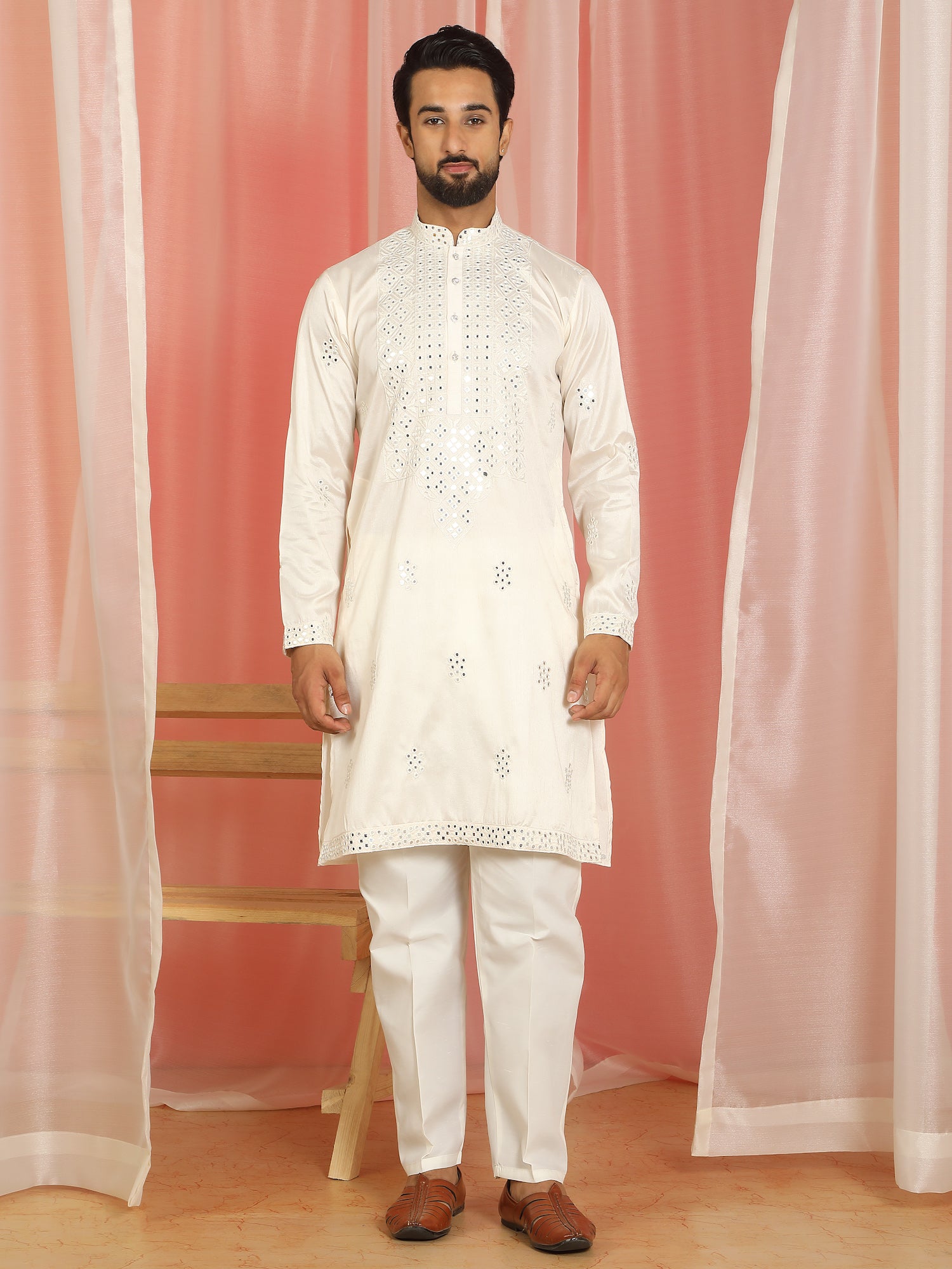 Men's Cotton Silk Mirror Work Embroidered Yoke Design Straight Kurta with Trouser Set - Cream