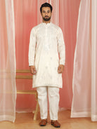 Men's Cotton Silk Mirror Work Embroidered Yoke Design Straight Kurta with Trouser Set - Cream