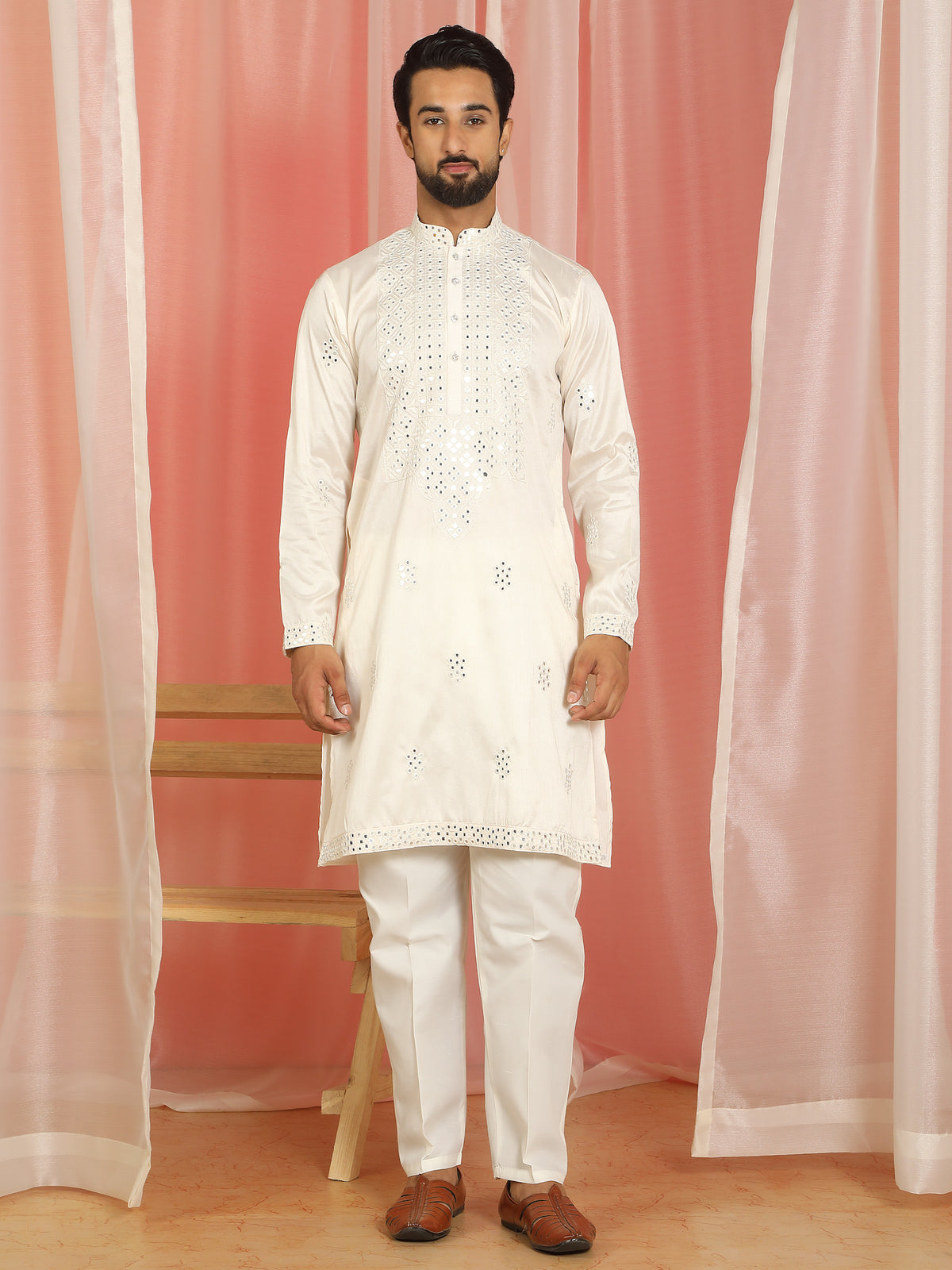 Men's Cotton Silk Mirror Work Embroidered Yoke Design Straight Kurta with Trouser Set - Cream