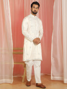Men's Cotton Silk Mirror Work Embroidered Yoke Design Straight Kurta with Trouser Set - Cream