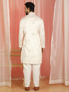 Men's Cotton Silk Mirror Work Embroidered Yoke Design Straight Kurta with Trouser Set - Cream