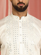 Men's Cotton Silk Mirror Work Embroidered Yoke Design Straight Kurta with Trouser Set - Cream