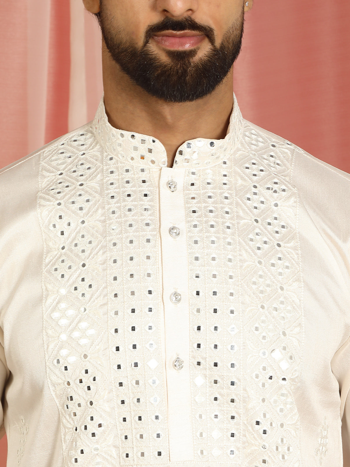 Men's Cotton Silk Mirror Work Embroidered Yoke Design Straight Kurta with Trouser Set - Cream
