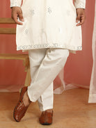 Men's Cotton Silk Mirror Work Embroidered Yoke Design Straight Kurta with Trouser Set - Cream