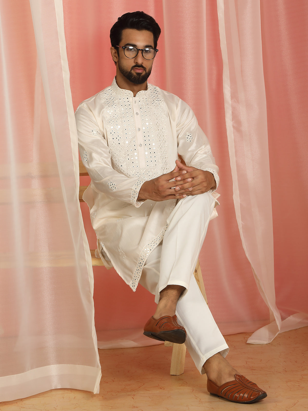 Men's Cotton Silk Mirror Work Embroidered Yoke Design Straight Kurta with Trouser Set - Cream