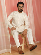 Men's Cotton Silk Mirror Work Embroidered Yoke Design Straight Kurta with Trouser Set - Cream