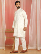 Men Cotton Silk Mirror Work Embroidered Yoke Design Kurta - Cream