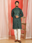 Men's Cotton Silk Mirror Work Embroidered Yoke Design Straight Kurta with Trouser Set - Green