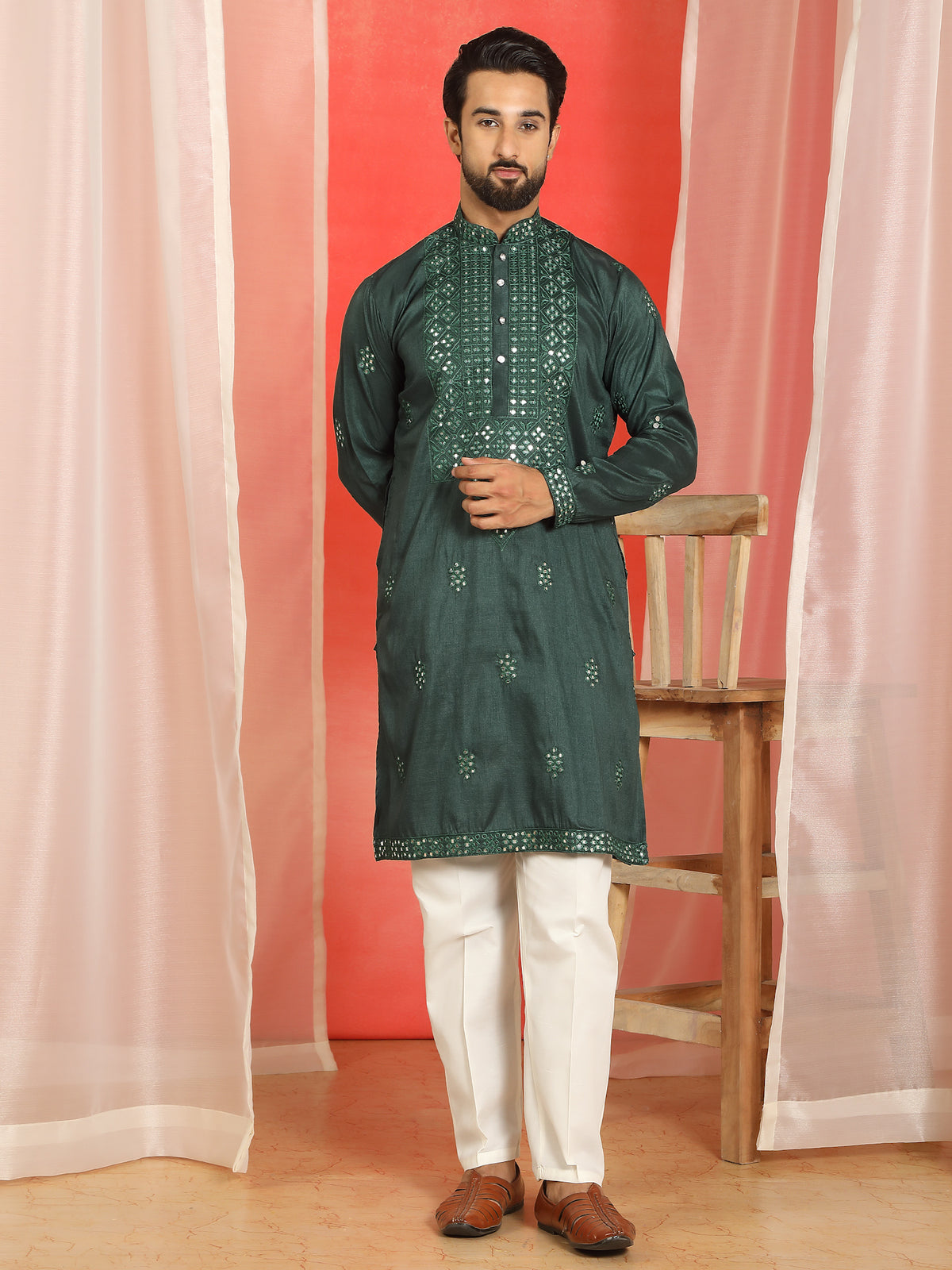 Men's Cotton Silk Mirror Work Embroidered Yoke Design Straight Kurta with Trouser Set - Green