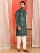 Men's Cotton Silk Mirror Work Embroidered Yoke Design Straight Kurta with Trouser Set - Green